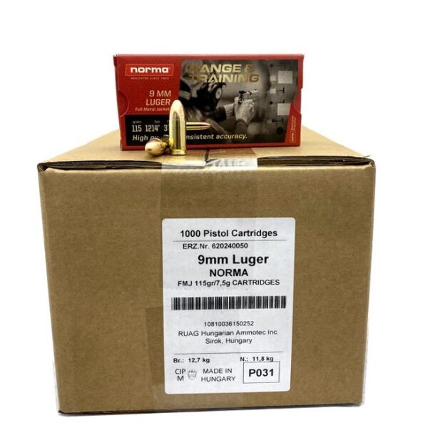Norma Range and Training Brass 9mm 124 Grain FMJ 1000 Round Case Norma Range and Training Brass 9mm 124 Grain FMJ 1000 Round Case