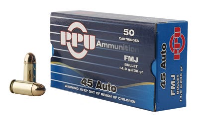 PPU Handgun Ammo Brass .45 ACP 50-Rounds 230 Grain FMJ PPU Handgun Ammo Brass .45 ACP 50-Rounds 230 Grain FMJ