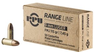 PPU Range Ammo Brass 9mm 50-Round 115 Grain FMJ 3 PPU Range Ammo Brass 9mm 50-Round 115 Grain FMJ