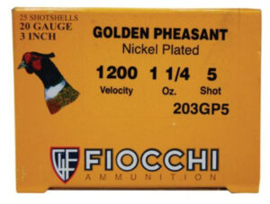 Fiocchi Golden Pheasant Nickel 20 Ga, 3", 1.25oz, 5 Shot, 1200 FPS, 25rd/Box Fiocchi Ammunition 3 Fiocchi Golden Pheasant Nickel 20 Ga