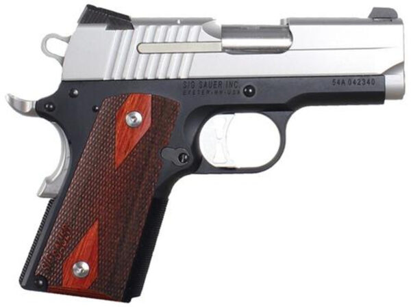 Sig 1911 45 ACP 3.3In 2-Tone Black & Stainless Finish SAO Siglite Rosewood Grip (2) 7rd Steel MAG Sig 1911 45 ACP 3.3In 2-Tone Black & Stainless Finish SAO Siglite Rosewood Grip (2) 7rd Steel MAG