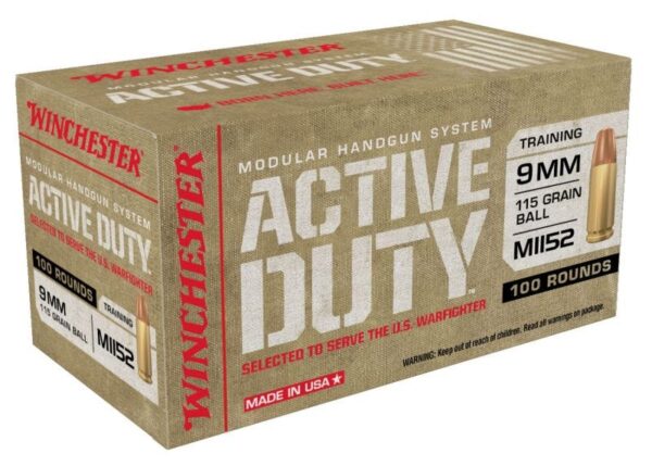 Winchester Ammunition Active Duty Handgun Ammo Brass 9mm 500-Rounds 115 Grain FMJ Flat Nose