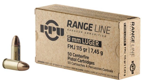 PPU Range Ammo Brass 9mm 50-Round 115 Grain FMJ