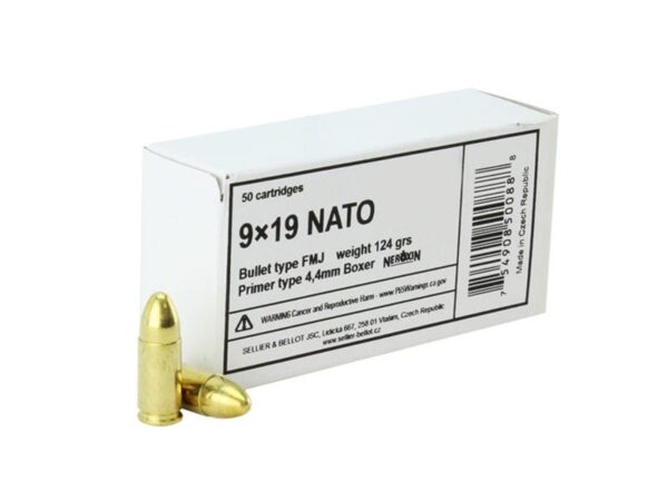 Sellier and Bellot Centerfire Handgun Brass 9mm NATO 124 Grain 50-Rounds FMJ