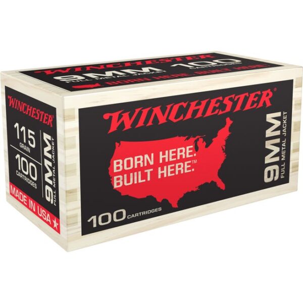 Winchester USA Brass 9mm 115-Grain 100-Rounds FMJ Wood Box