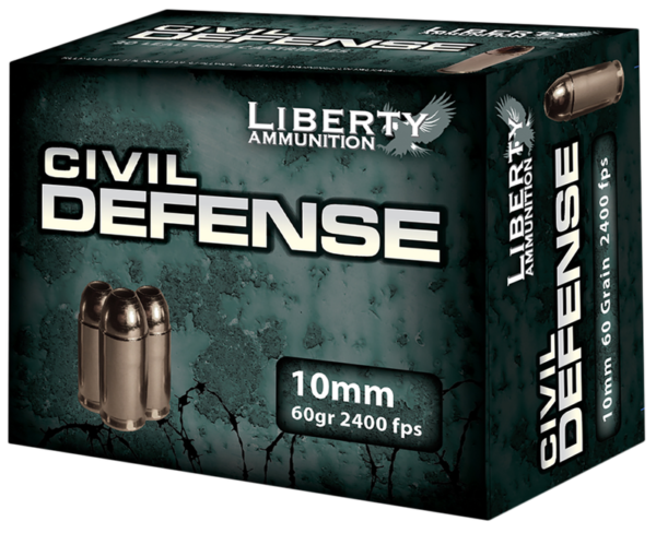 Liberty Ammunition Civil Defense Nickel Plated Brass 10mm 60 Grain 20-Rounds HP