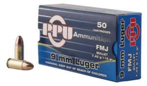 PPU Centerfire Handgun Brass 9mm 115-Grain 50-Rounds FMJ