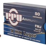 PPU Centerfire Handgun Brass 9mm 124 Grain 50-Rounds FMJ