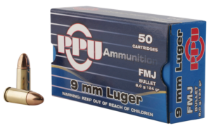 PPU Centerfire Handgun Brass 9mm 124 Grain 50-Rounds FMJ