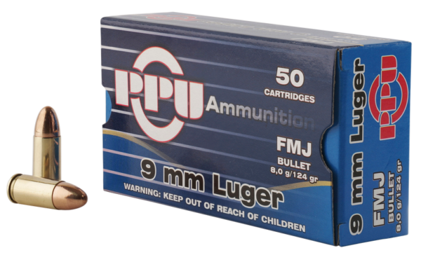 PPU Centerfire Handgun Brass 9mm 124 Grain 50-Rounds FMJ