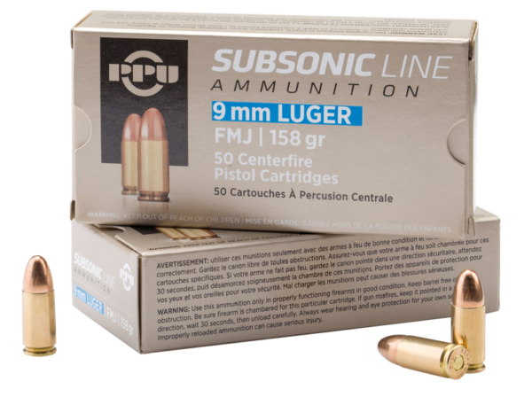 PPU Subsonic 9mm 158 Grain 50-Rounds FMJ